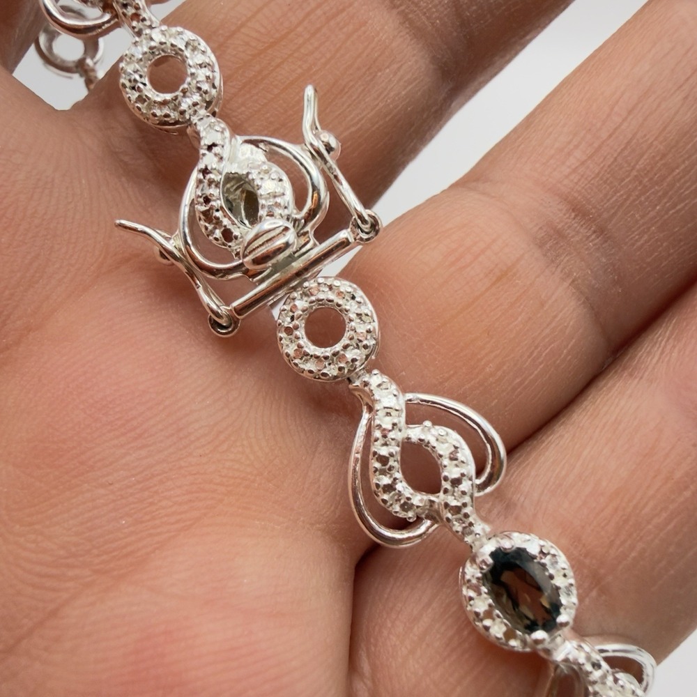 Vtg Ross Simons 925 Sterling Silver Tennis Bracelet Heart  Smoky Quartz 7.5 "